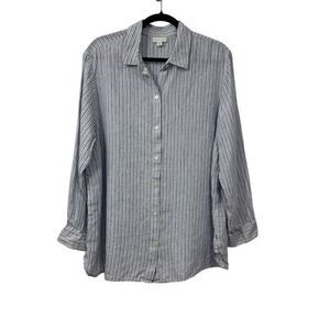 J. Jill Love Linen Womens Coastal Striped Button Front Shirt 1X Nautical Relaxed